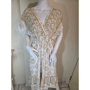 Label of Love Floral Smocked Waist Midi Dress Tan White Rayon Boho V-Neck Large